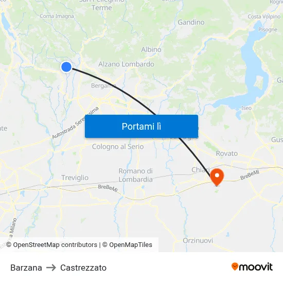 Barzana to Castrezzato map