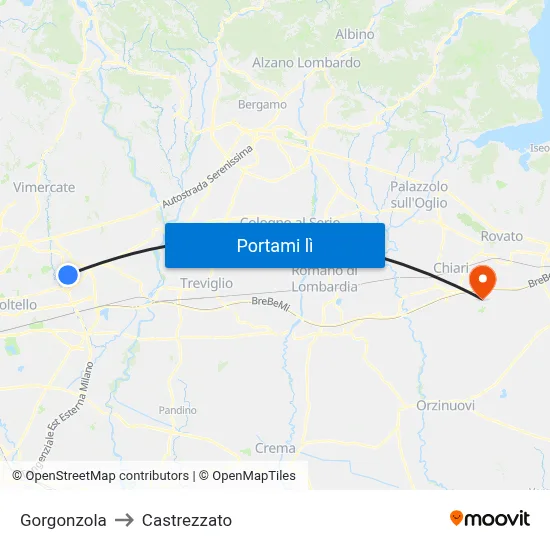 Gorgonzola to Castrezzato map