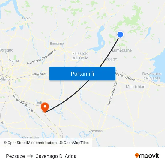 Pezzaze to Cavenago D' Adda map
