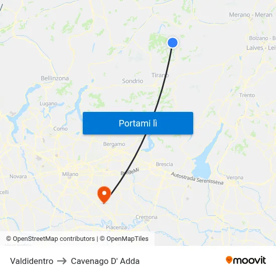Valdidentro to Cavenago D' Adda map