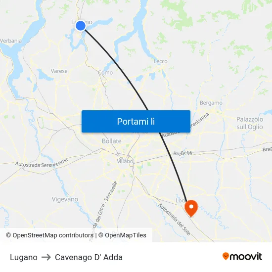Lugano to Cavenago D' Adda map