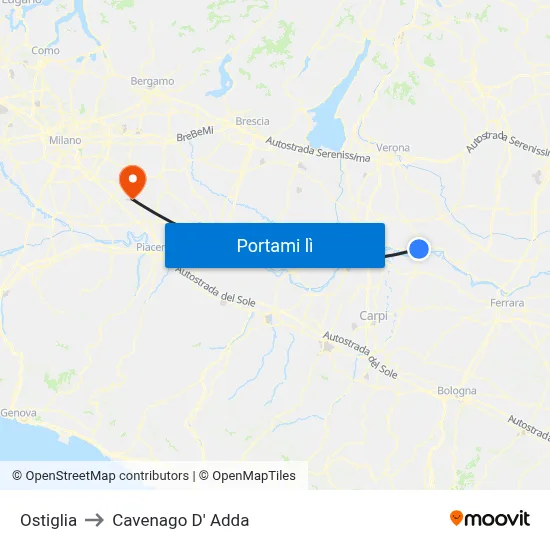 Ostiglia to Cavenago D' Adda map
