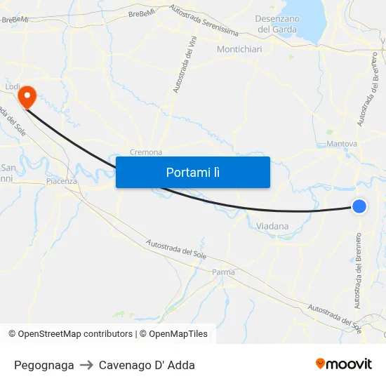 Pegognaga to Cavenago D' Adda map