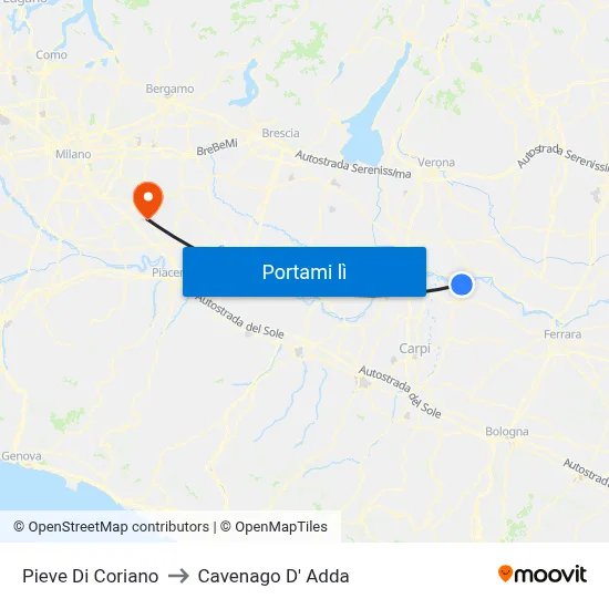 Pieve Di Coriano to Cavenago D' Adda map