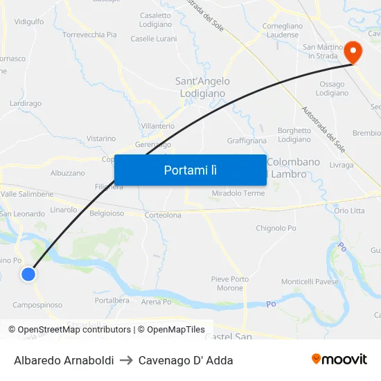 Albaredo Arnaboldi to Cavenago D' Adda map