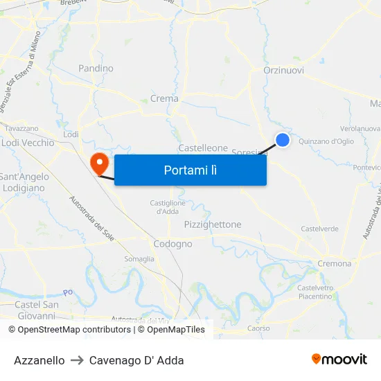 Azzanello to Cavenago D' Adda map