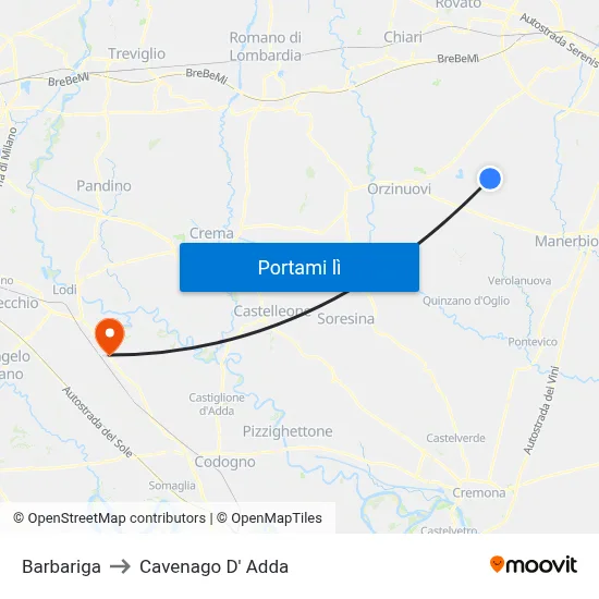 Barbariga to Cavenago D' Adda map
