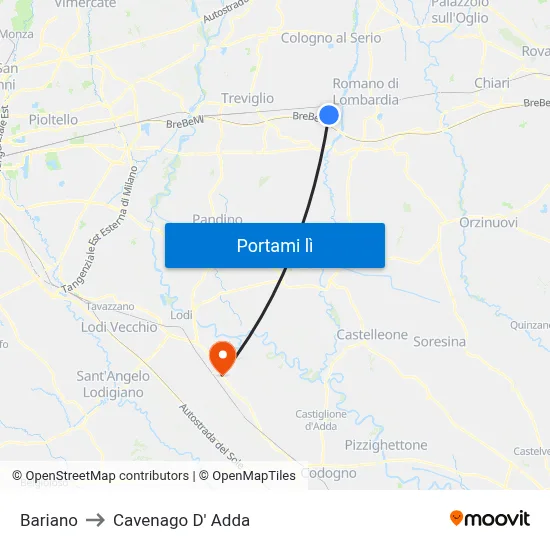 Bariano to Cavenago D' Adda map