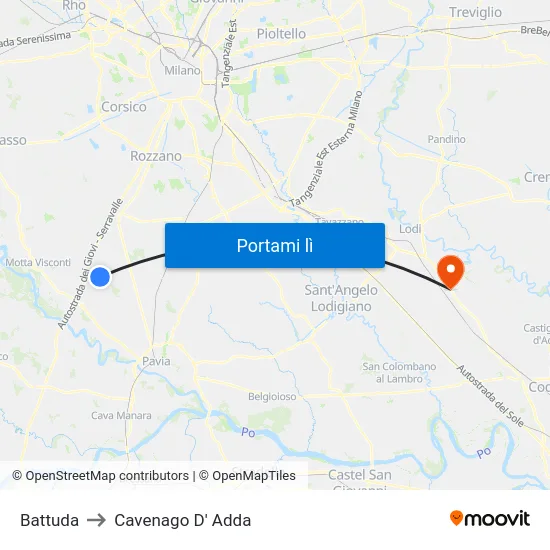 Battuda to Cavenago D' Adda map