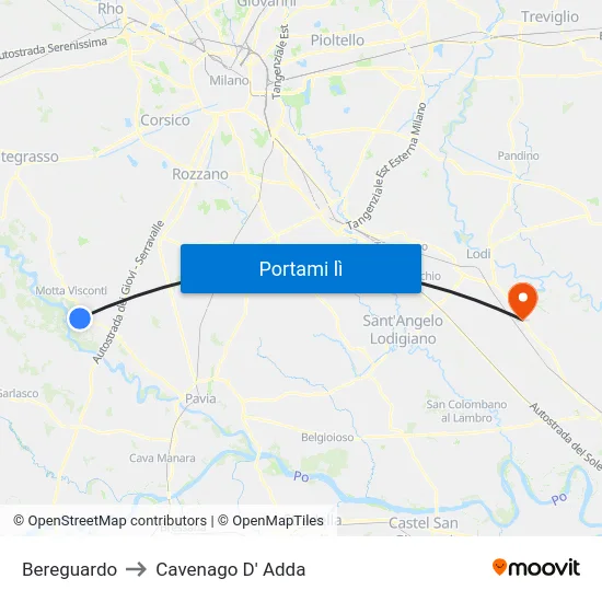 Bereguardo to Cavenago D' Adda map