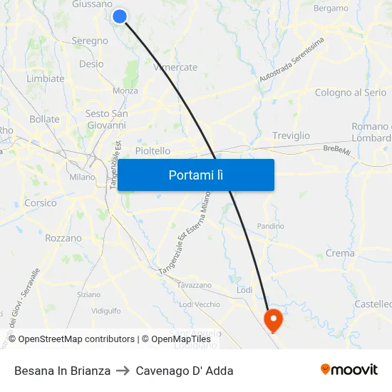 Besana In Brianza to Cavenago D' Adda map