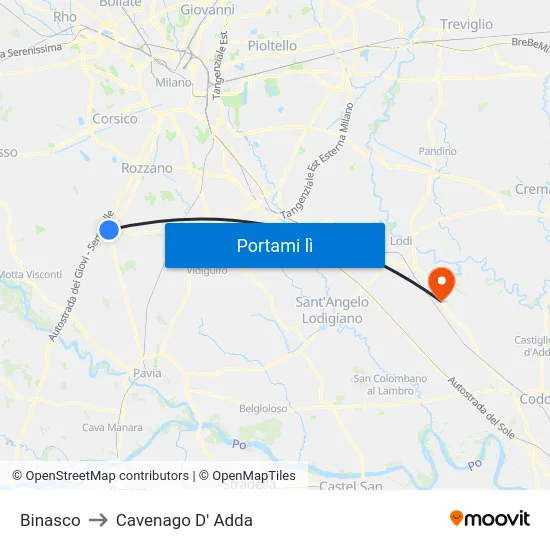 Binasco to Cavenago D' Adda map
