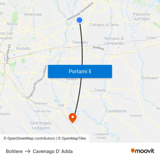 Boltiere to Cavenago D' Adda map
