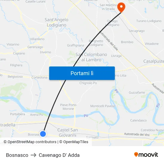 Bosnasco to Cavenago D' Adda map