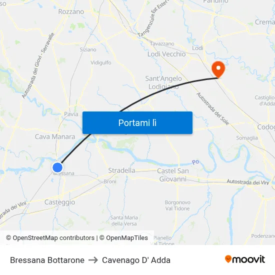 Bressana Bottarone to Cavenago D' Adda map