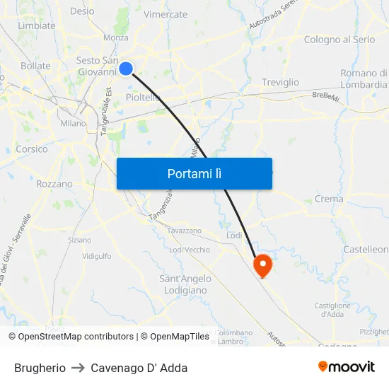Brugherio to Cavenago D' Adda map