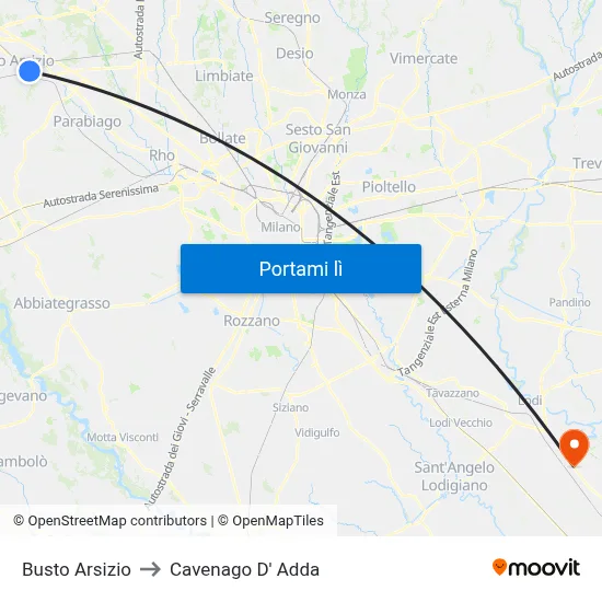 Busto Arsizio to Cavenago D' Adda map