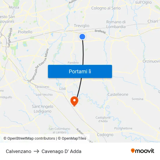 Calvenzano to Cavenago D' Adda map