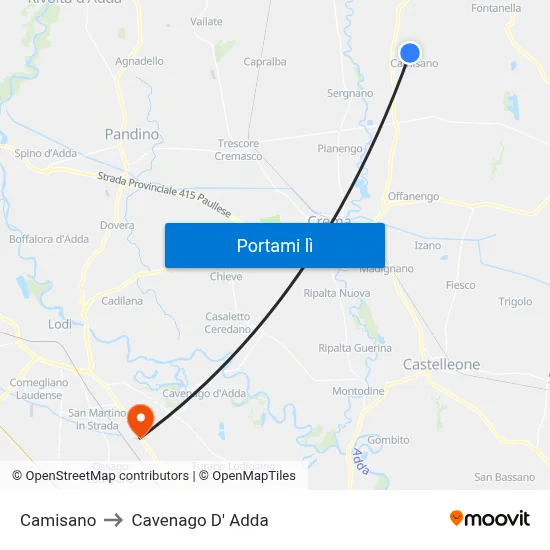 Camisano to Cavenago D' Adda map