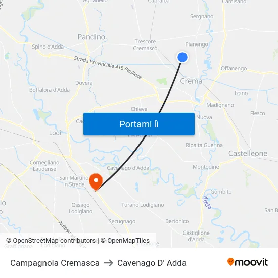 Campagnola Cremasca to Cavenago D' Adda map