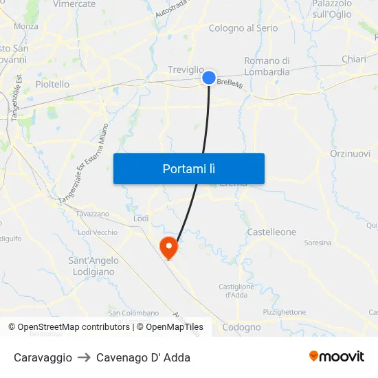 Caravaggio to Cavenago D' Adda map