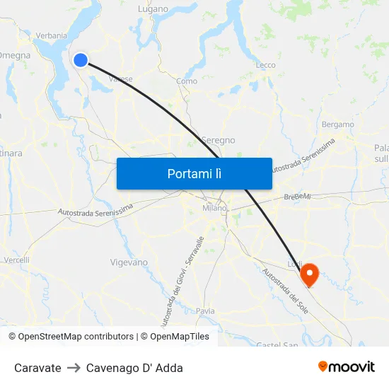Caravate to Cavenago D' Adda map
