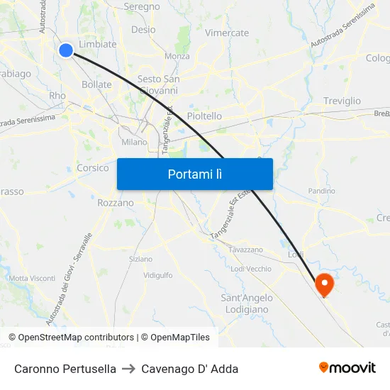 Caronno Pertusella to Cavenago D' Adda map