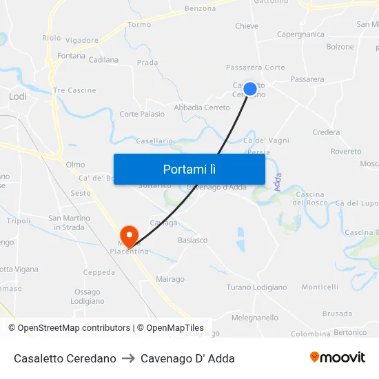 Casaletto Ceredano to Cavenago D' Adda map