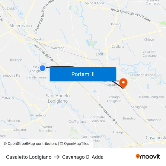 Casaletto Lodigiano to Cavenago D' Adda map