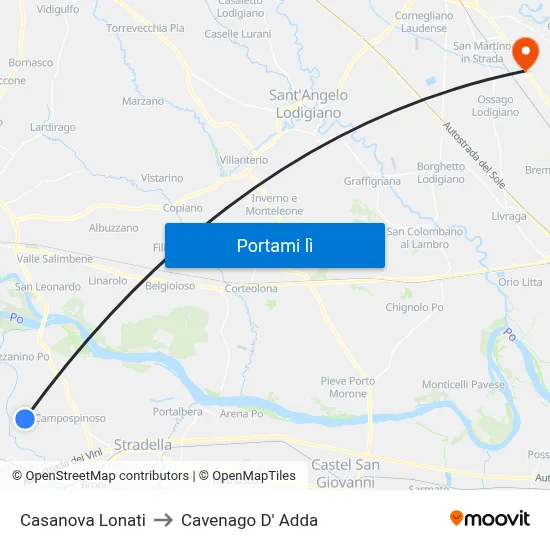 Casanova Lonati to Cavenago D' Adda map