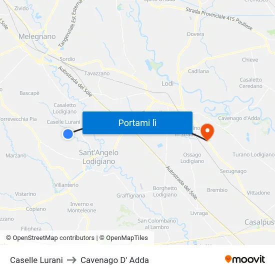 Caselle Lurani to Cavenago D' Adda map