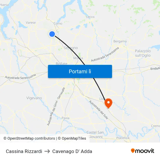 Cassina Rizzardi to Cavenago D' Adda map