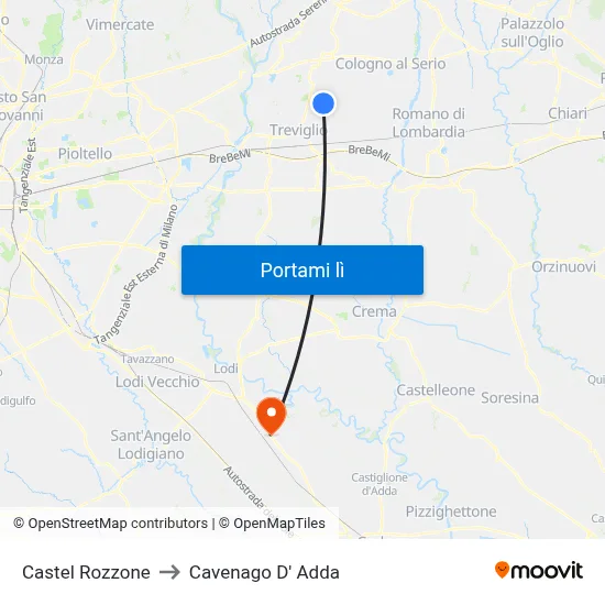 Castel Rozzone to Cavenago D' Adda map