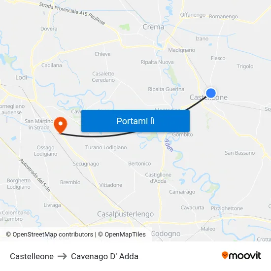 Castelleone to Cavenago D' Adda map