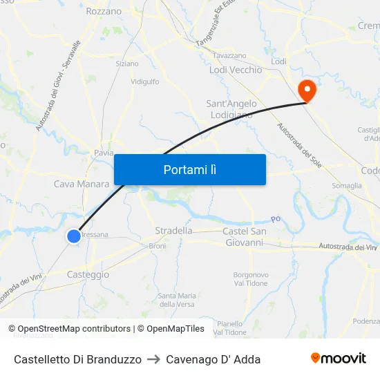 Castelletto Di Branduzzo to Cavenago D' Adda map