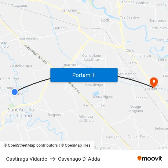 Castiraga Vidardo to Cavenago D' Adda map