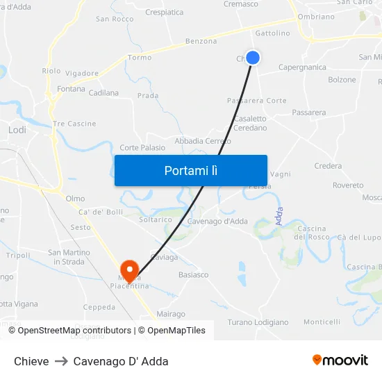 Chieve to Cavenago D' Adda map