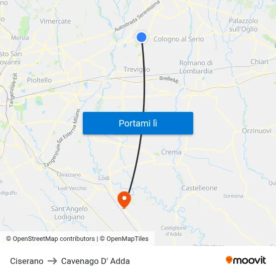 Ciserano to Cavenago D' Adda map