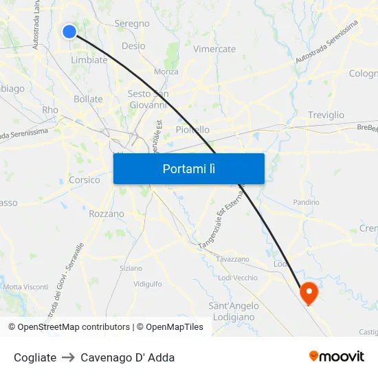 Cogliate to Cavenago D' Adda map