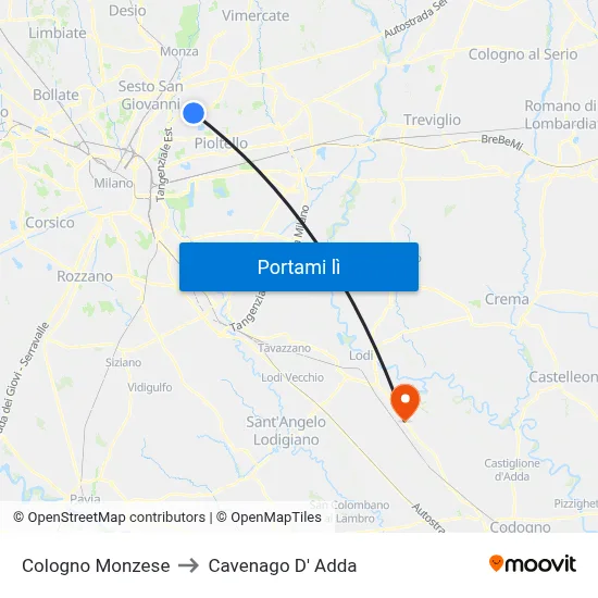Cologno Monzese to Cavenago D' Adda map