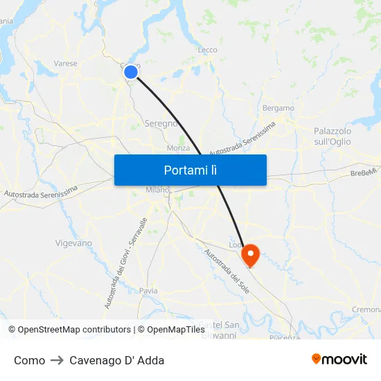 Como to Cavenago D' Adda map