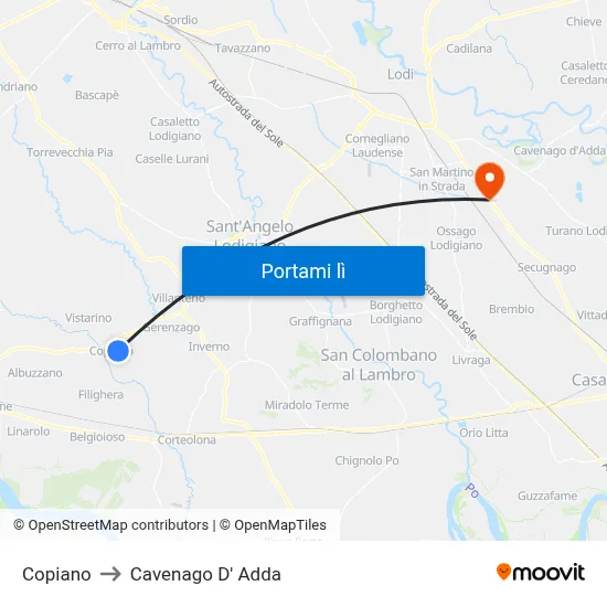 Copiano to Cavenago D' Adda map