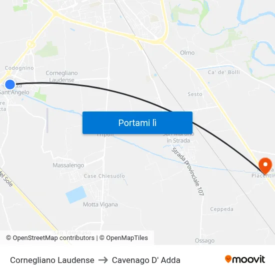 Cornegliano Laudense to Cavenago D' Adda map