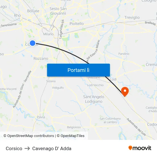 Corsico to Cavenago D' Adda map