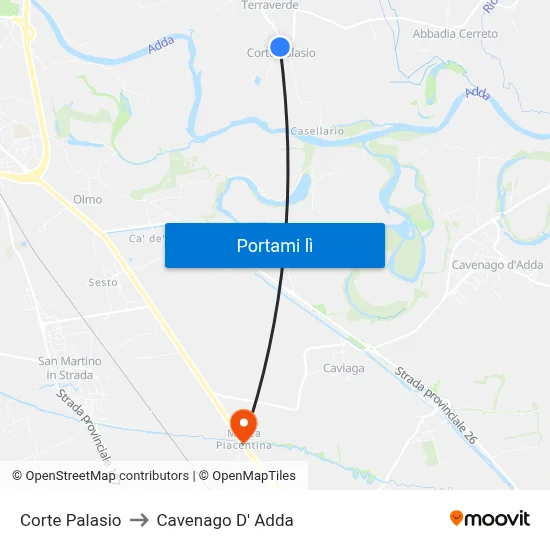 Corte Palasio to Cavenago D' Adda map