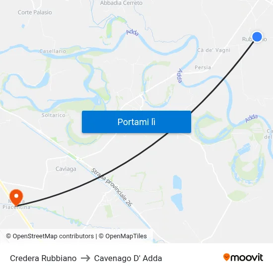 Credera Rubbiano to Cavenago D' Adda map