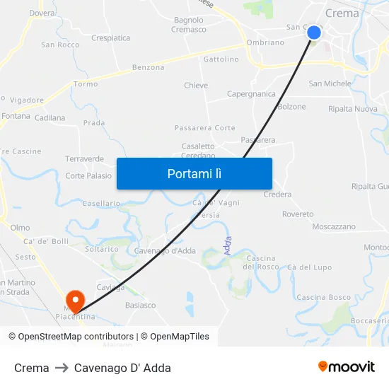 Crema to Cavenago D' Adda map