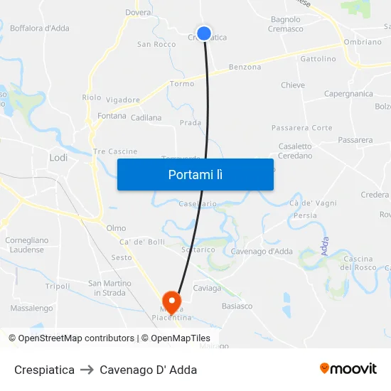 Crespiatica to Cavenago D' Adda map