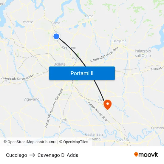 Cucciago to Cavenago D' Adda map