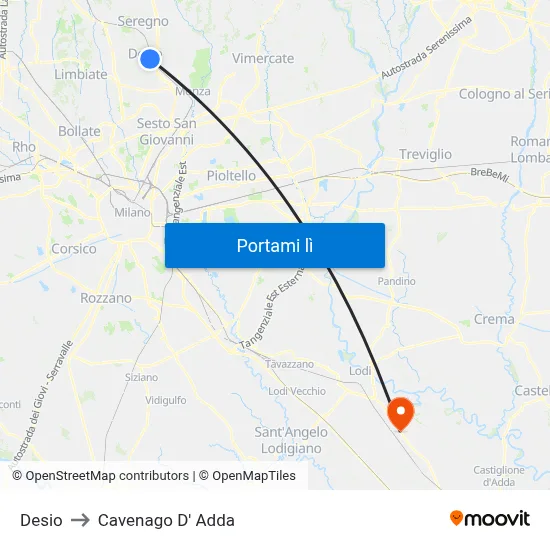Desio to Cavenago D' Adda map